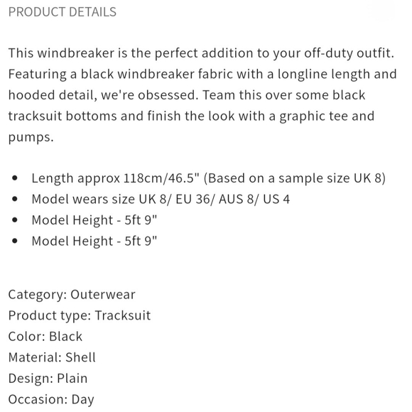 NWT PLT PrettyLittleThing Black Longline Windbreaker Size 6 - Picture 6 of 16